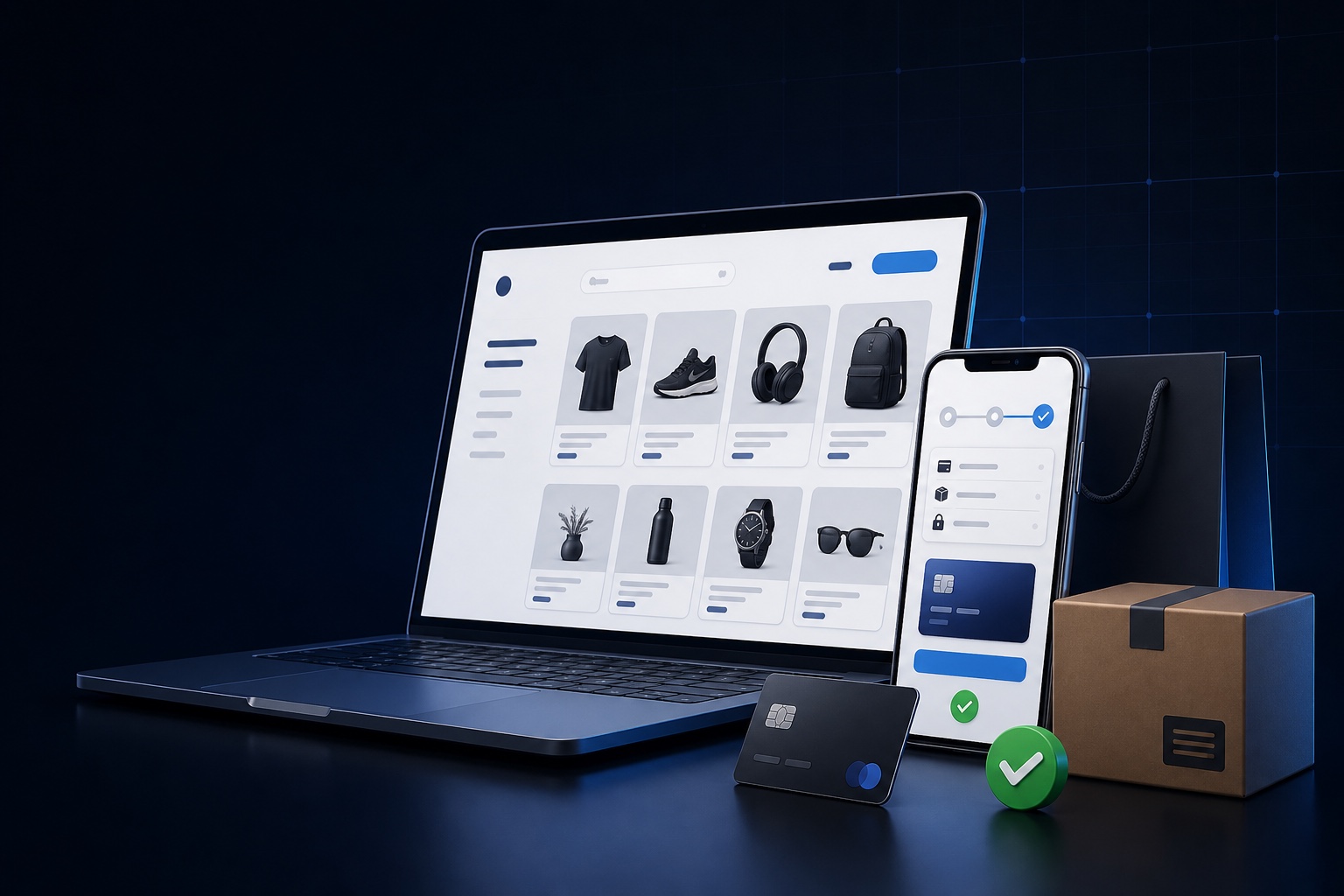 Laptop and mobile phone showing an ecommerce catalogue and secure checkout