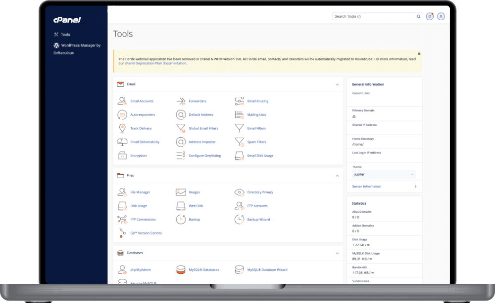 Laptop showing the cPanel website and email hosting dashboard