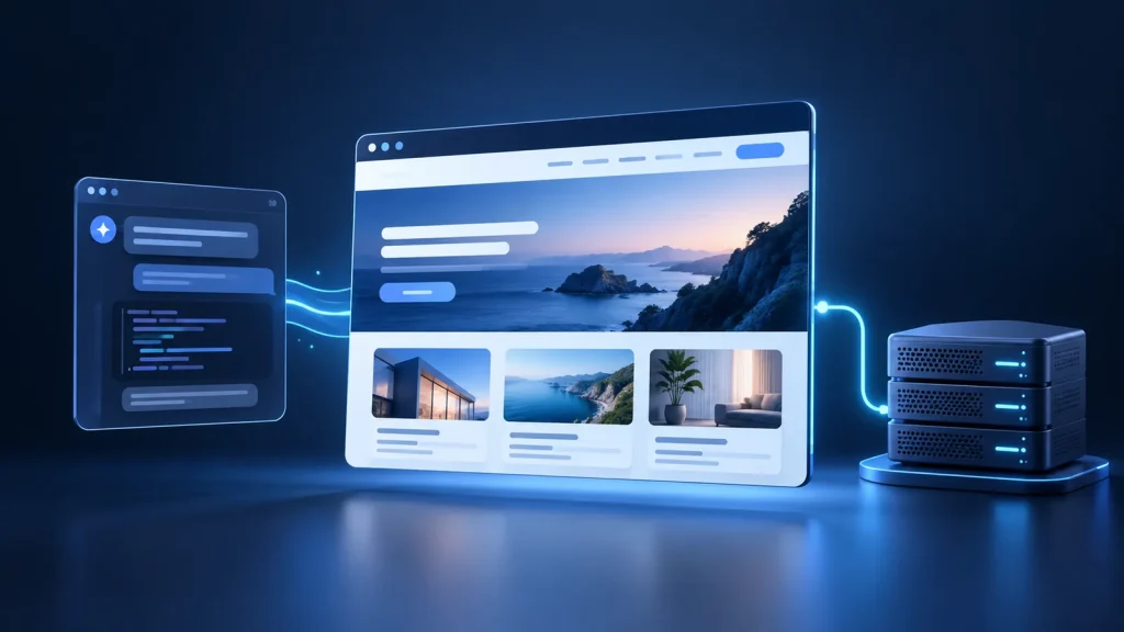 Illustration of an AI draft connected to a finished website and hosting server