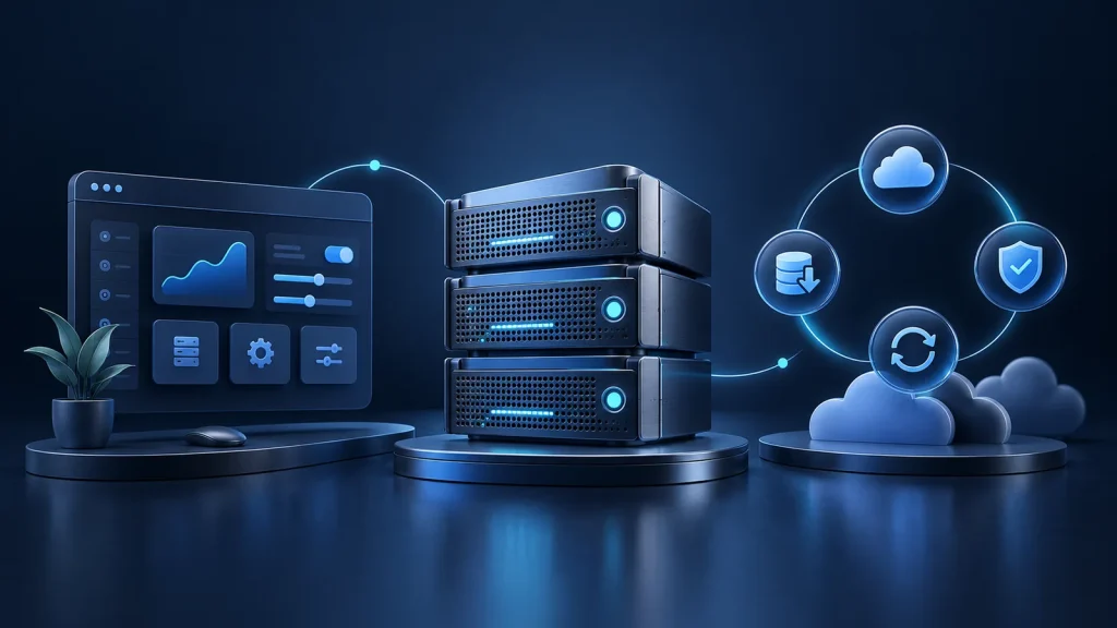 Illustration of a hosting control panel, servers and connected backup and support tools